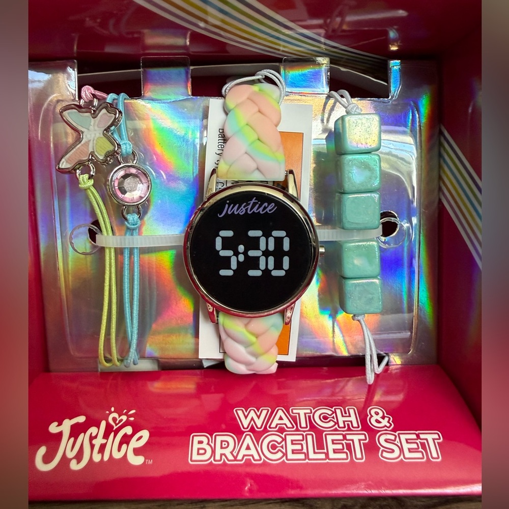 New Justice 4pc Watch Set with Matching Braided Strap and Butterfly Bracelet